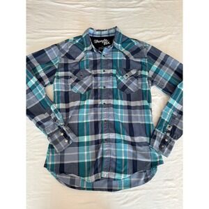 Wrangler 20X Mens Blue Teal Plaid Snap Front Western Shirt MJ1318M Large